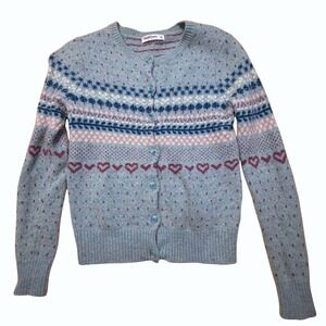 WoolOvers Lambswool Fair Isle Cardigan Gray Blue Women's XS Heart Pattern